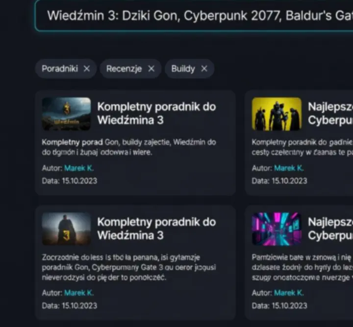 Interfejs wyszukiwarki poradników dla graczy na portalu Gamer Tips Pro